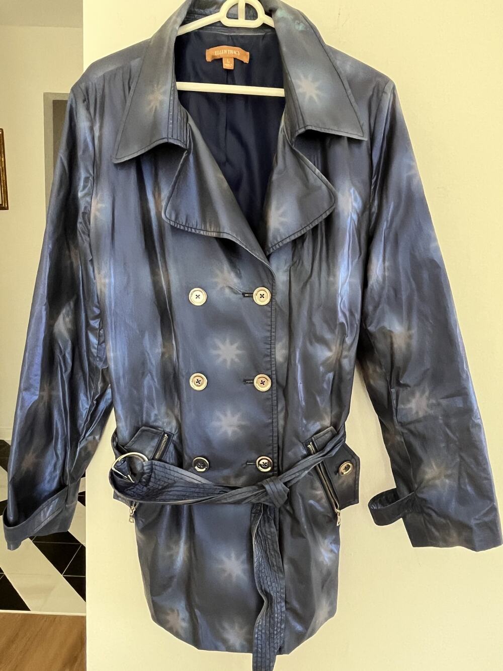 Ellen Tracy Womens L Rain Jacket Trenchcoat Iridescent Ice Blue Stars Whimsigoth